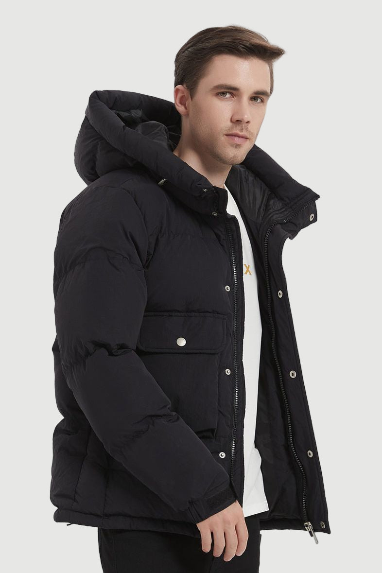 Black hooded down jacket