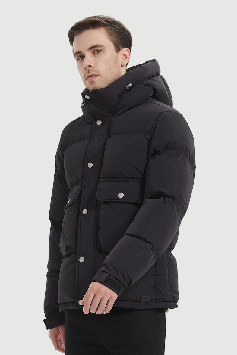 Black hooded down jacket