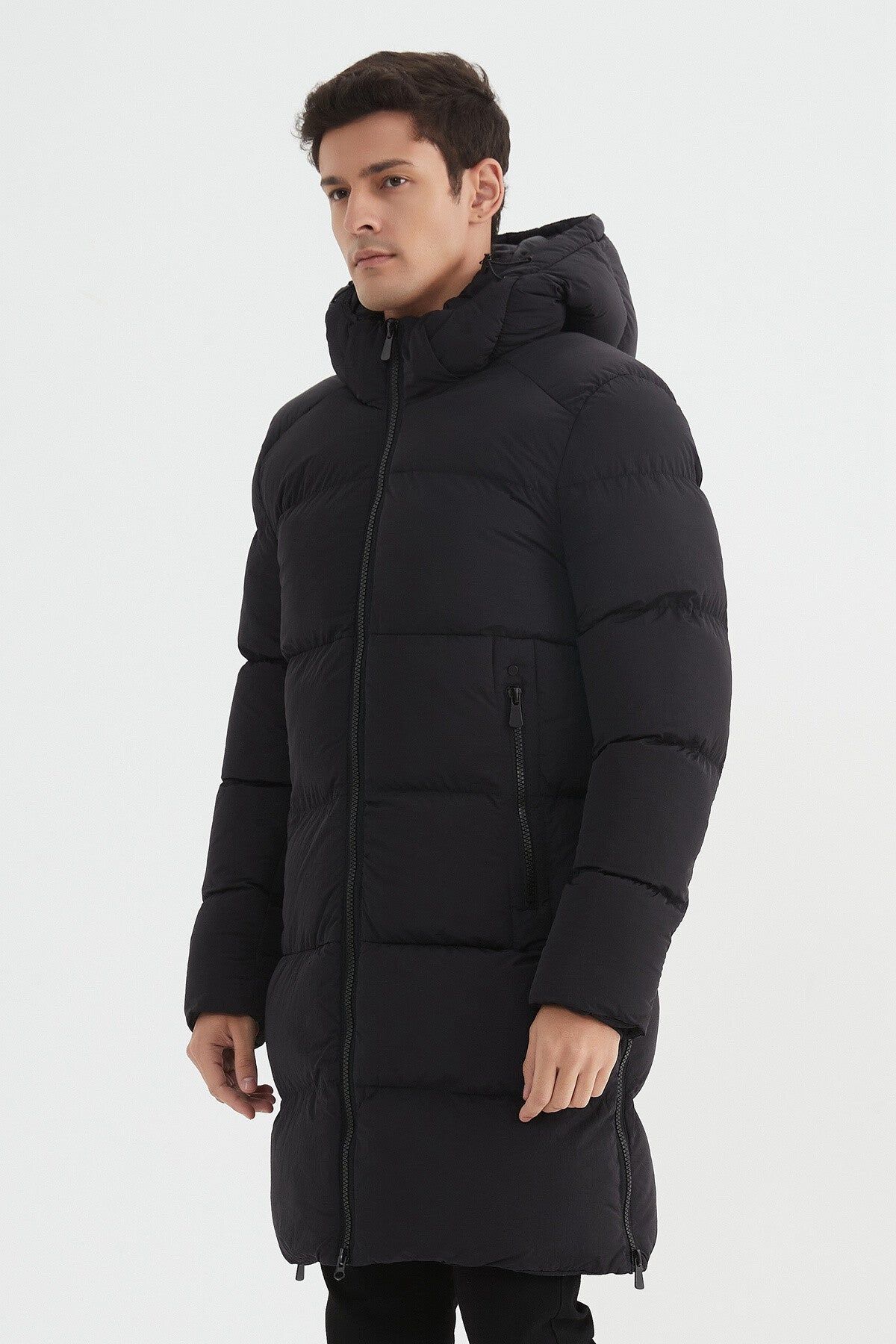 Long plain quilted down jacket Hood
