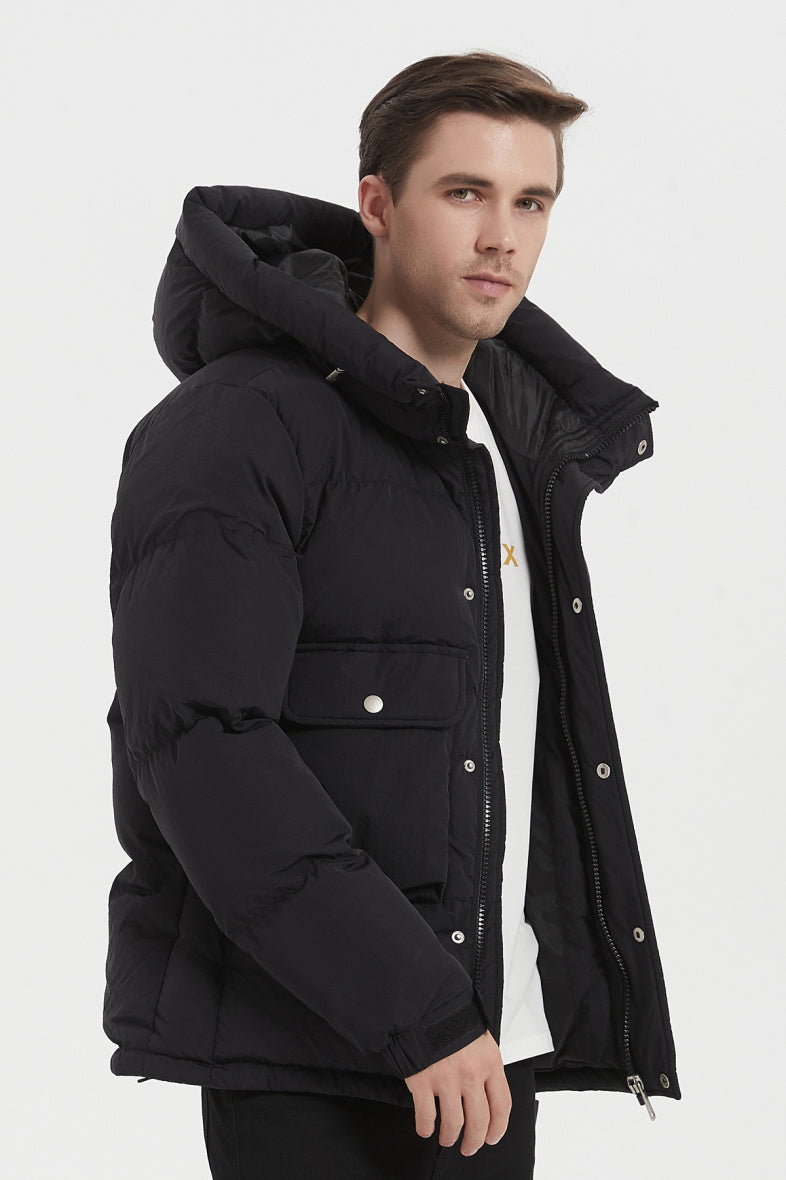 Black hooded down jacket