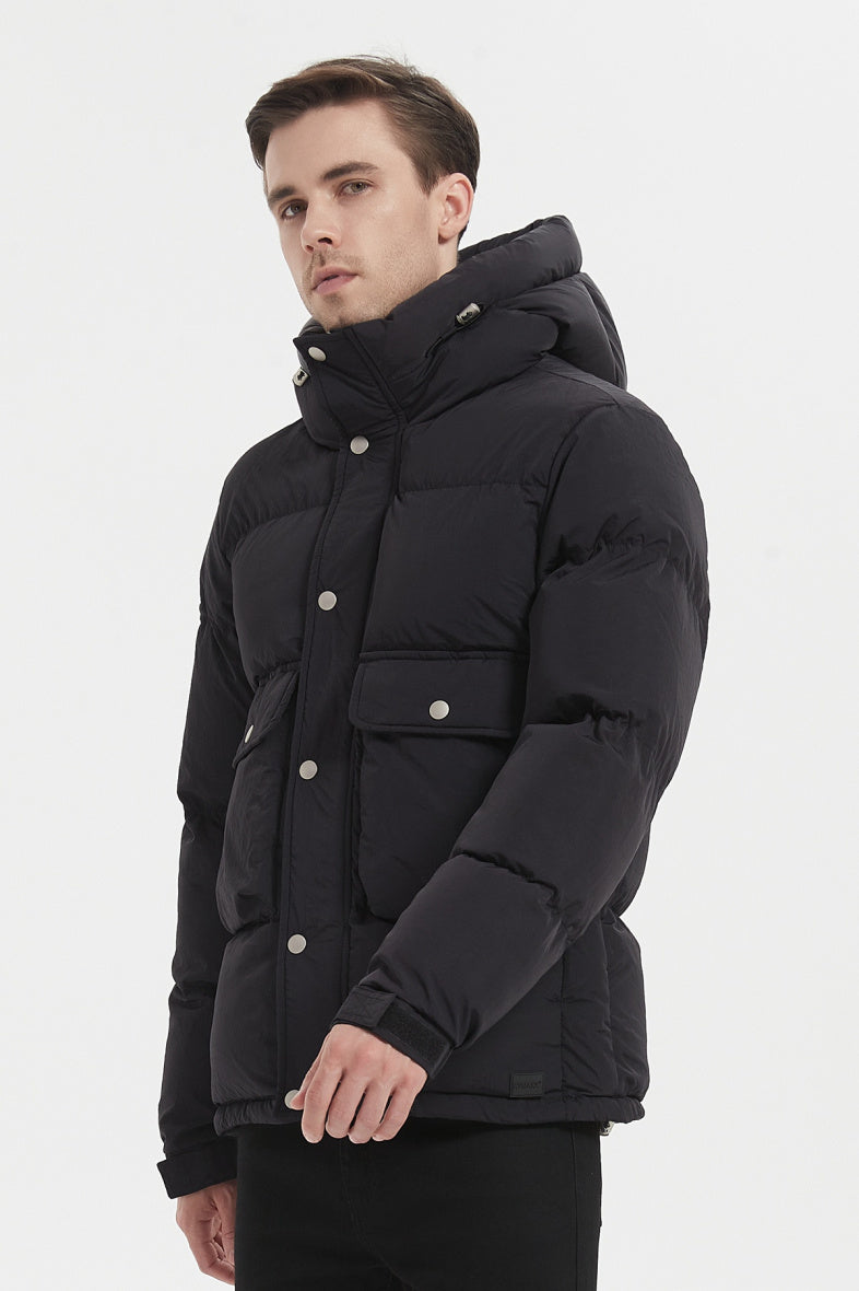 Black hooded down jacket