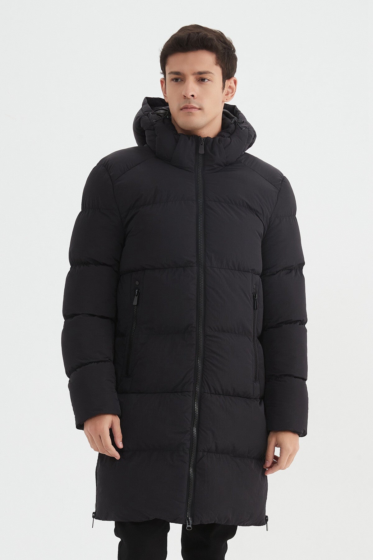 Long plain quilted down jacket Hood