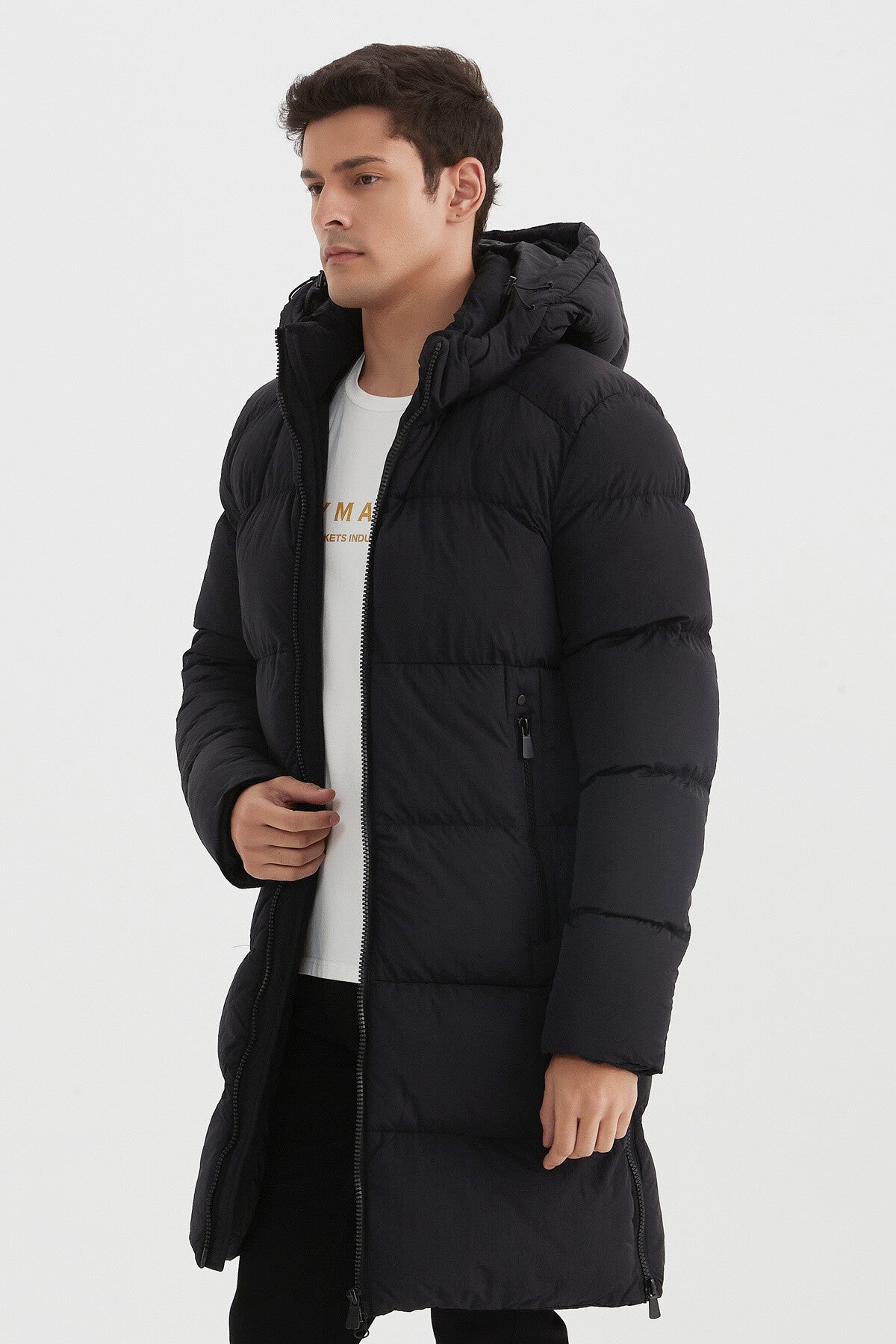 Long plain quilted down jacket Hood