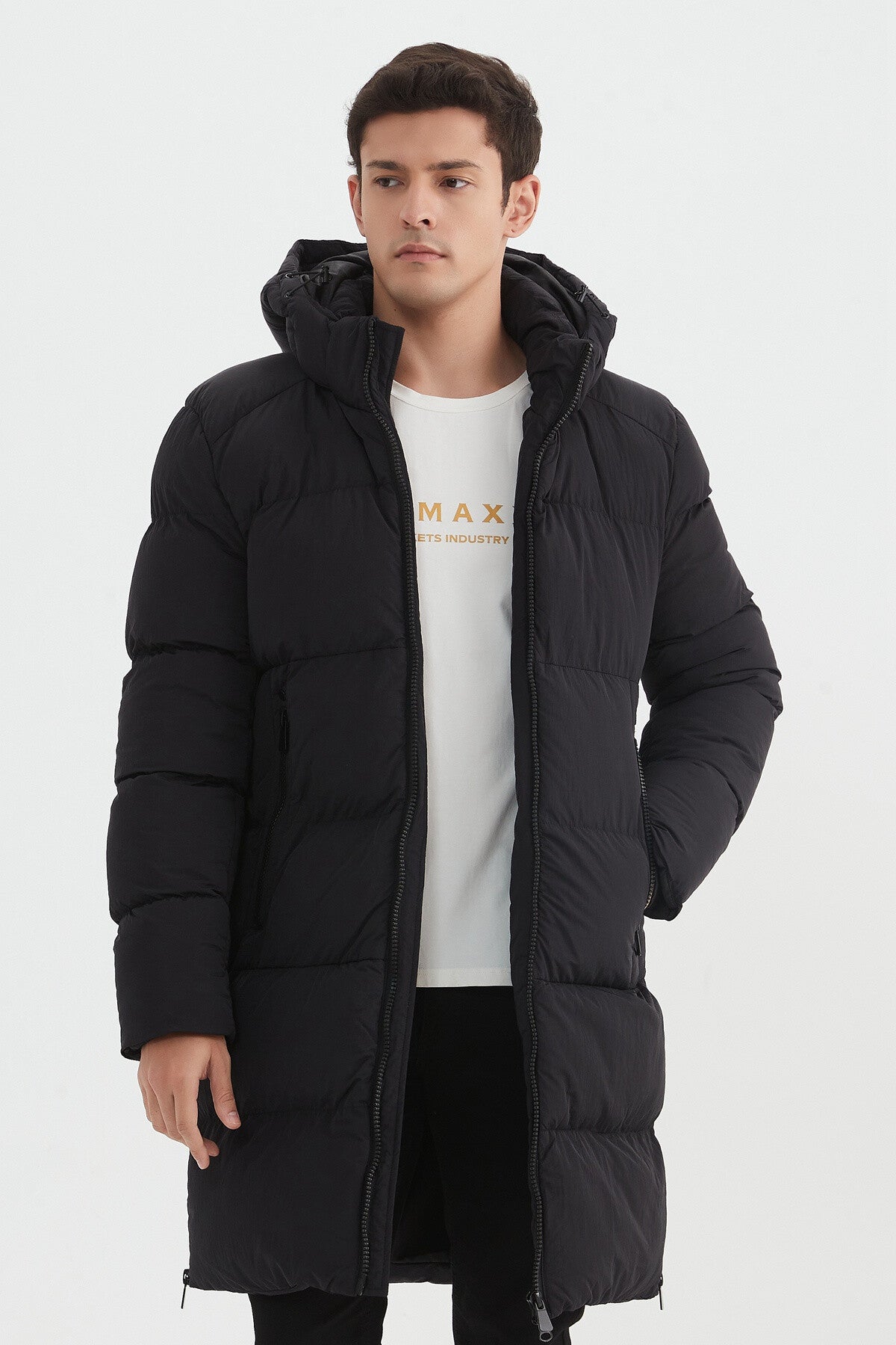 Long plain quilted down jacket Hood